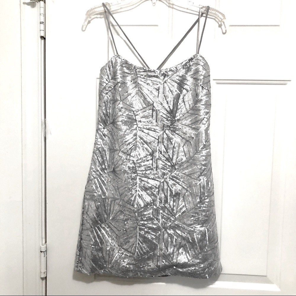 3 Cosmopolitan Kimberly Platinum Sequins Open Low Cut Back Mini Dress
